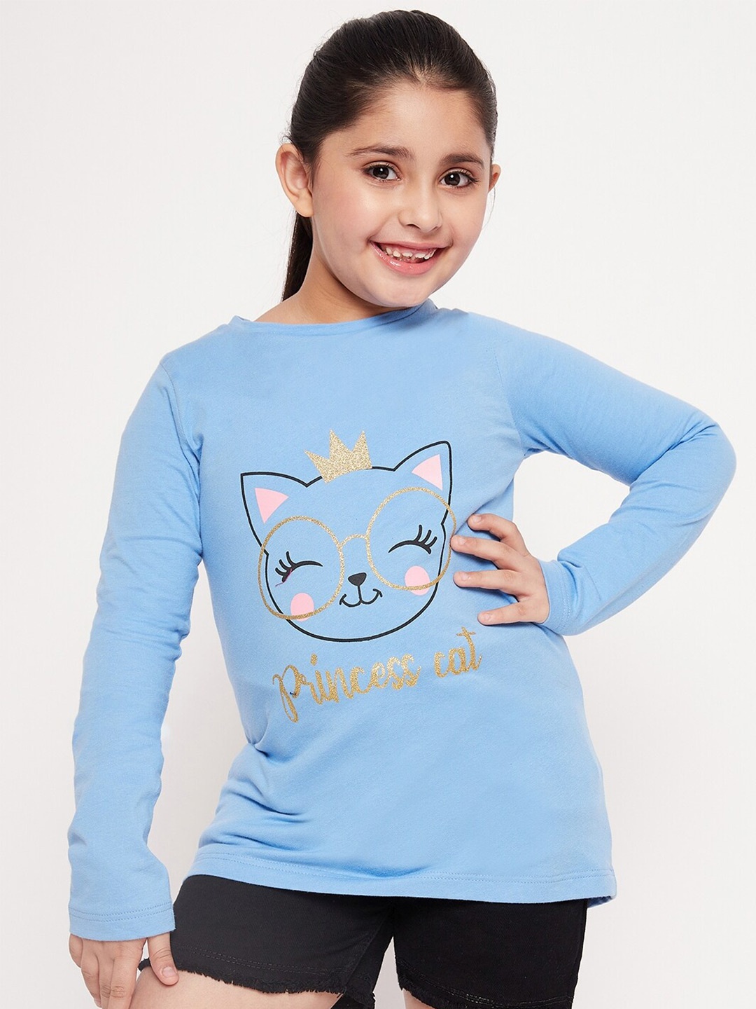 

pspeaches Girls Graphic Printed Long Sleeves Relaxed Fit Cotton T-shirt, Blue