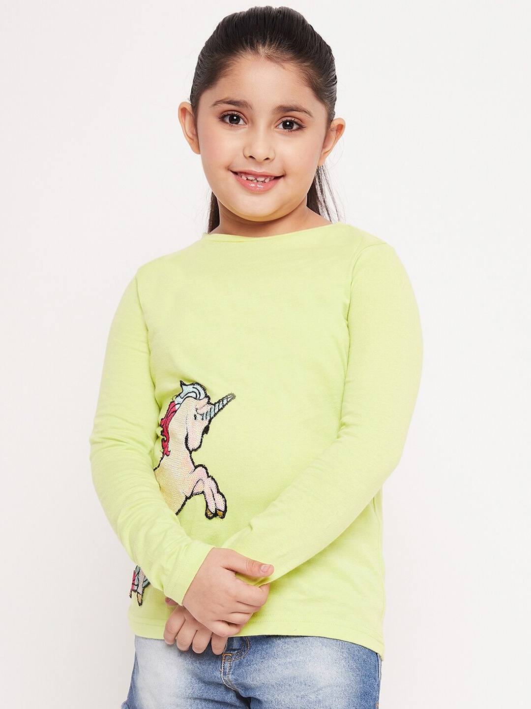 

pspeaches Girls unicorn Printed Long Sleeves Cotton T-shirt, Green