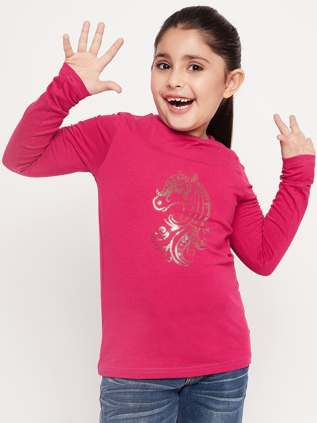 

pspeaches Girls Graphic Printed Long Sleeves Relaxed Fit Cotton T-shirt, Magenta
