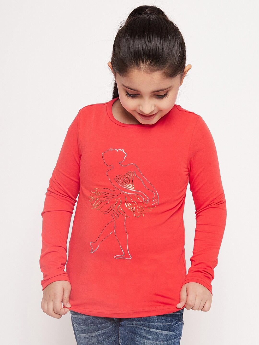 

pspeaches Girls Graphic Printed Long Sleeves Relaxed Fit Cotton T-shirt, Red