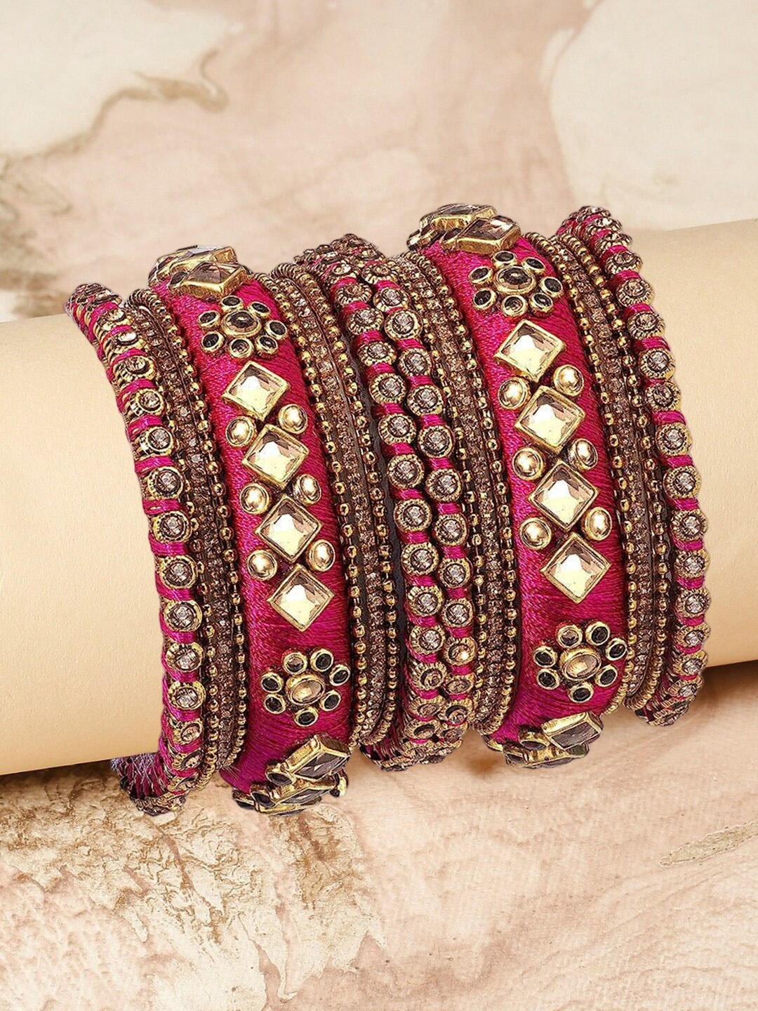 

OOMPH Set Of 18 Studded Chuda Bangles, Pink