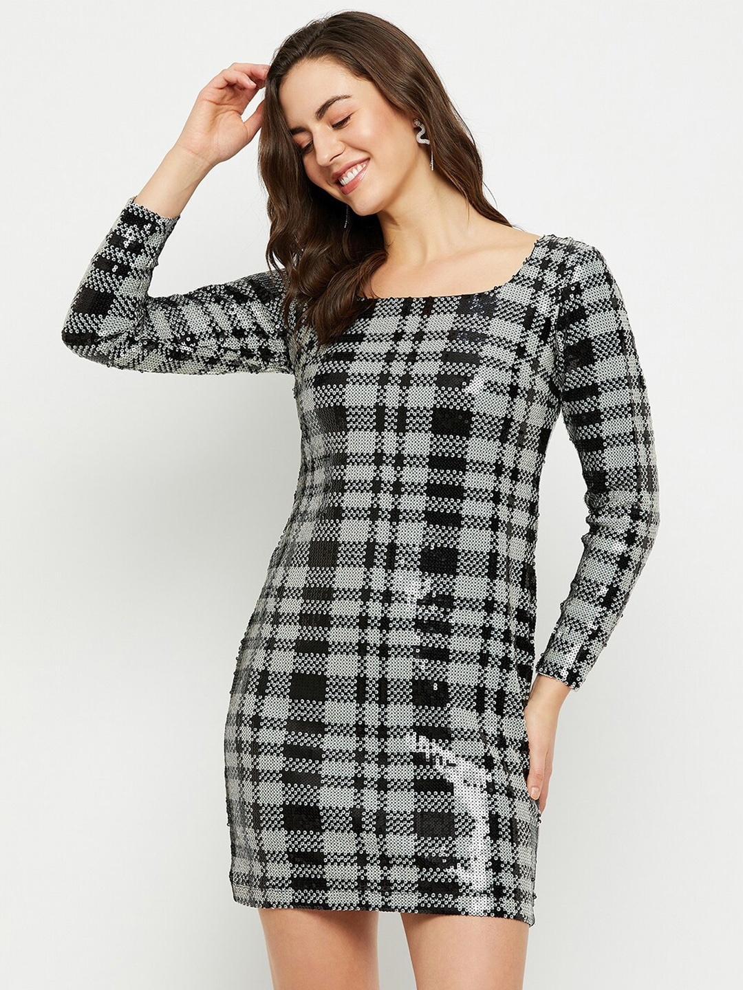 

Madame Checked Round Neck Sheath Dress, Black