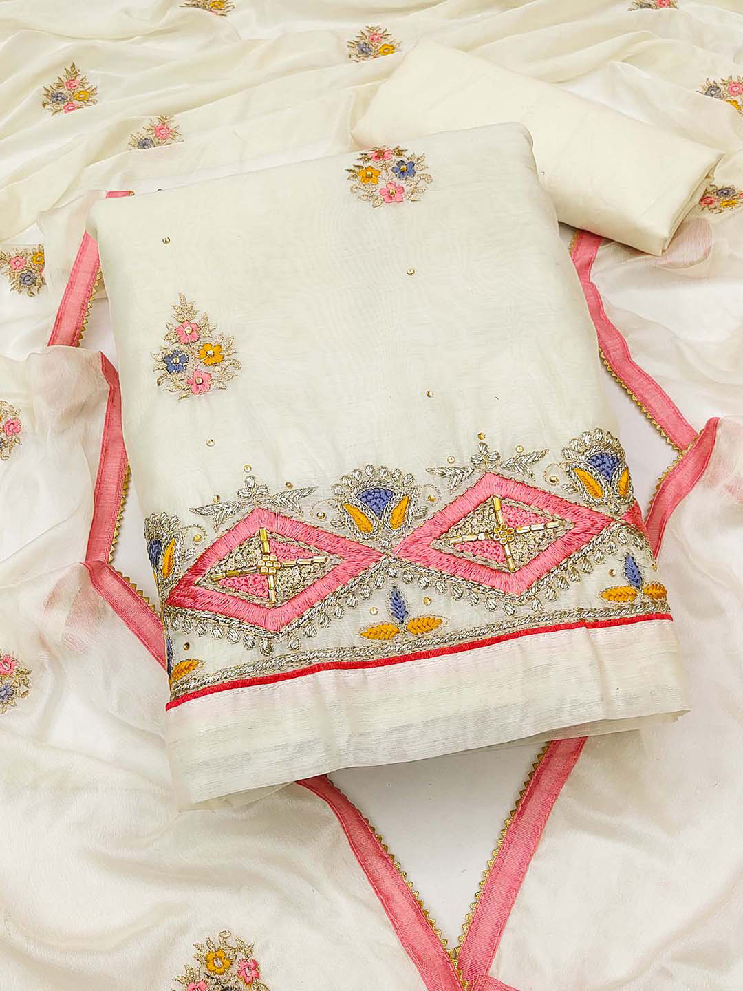 

KALINI Embroidered Unstitched Dress Material, Cream