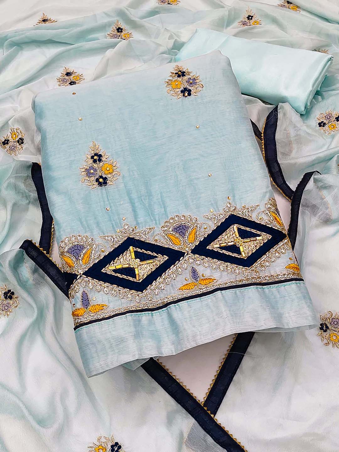 

KALINI Embroidered Unstitched Dress Material, Blue