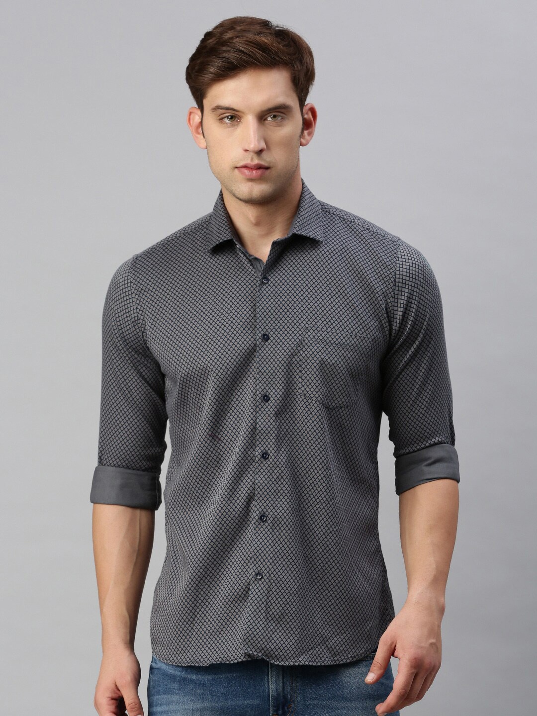 

VRIKSH Micro Ditsy Printed Spread Collar Cotton Casual Shirt, Grey