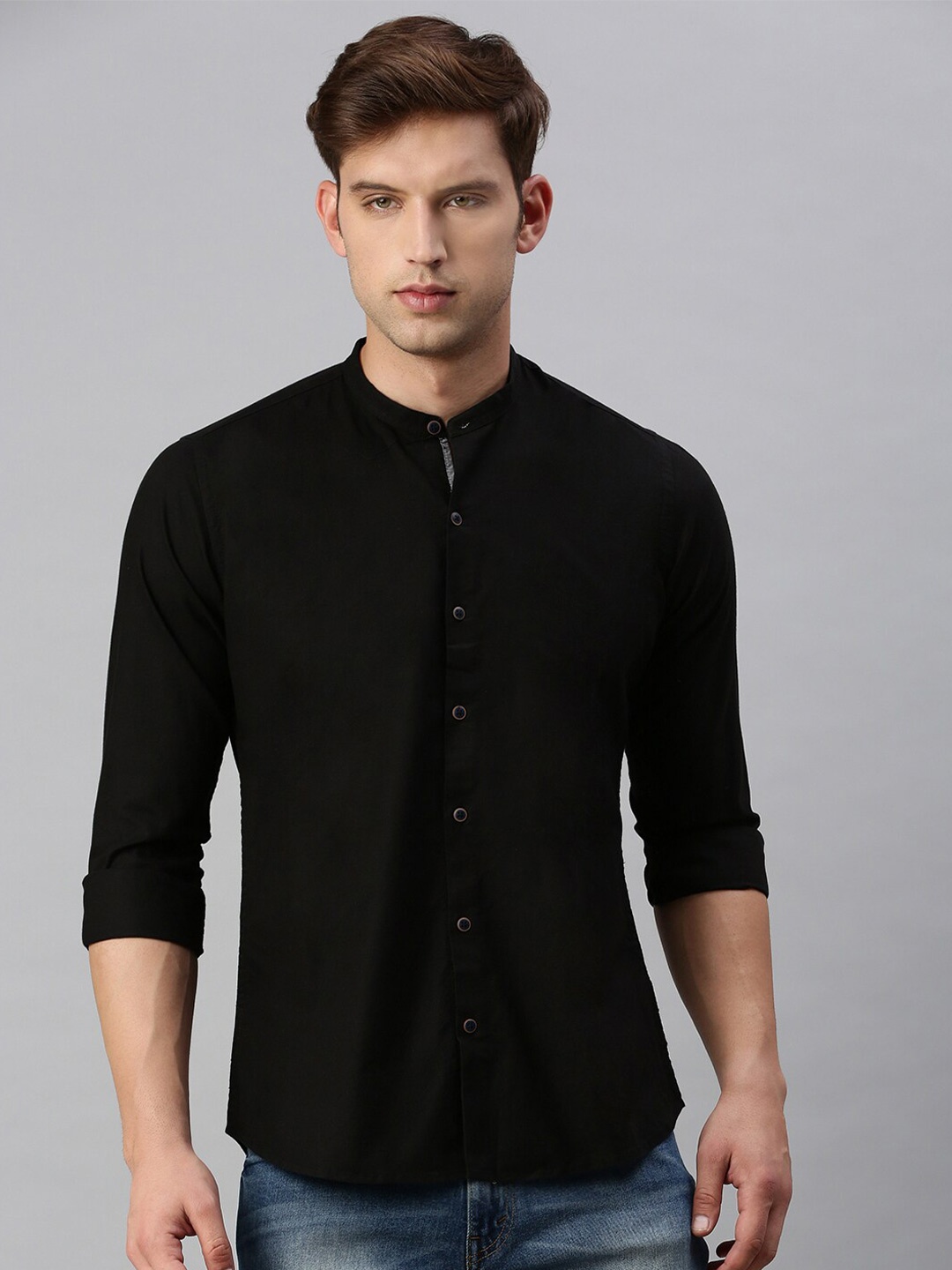 

VRIKSH Slim Fit Mandarin Collar Cotton Casual Shirt, Black