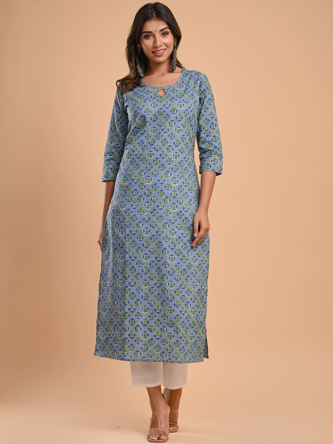

Aasiya Ethnic Motifs Printed Keyhole Neck Pure Cotton Kurta, Grey