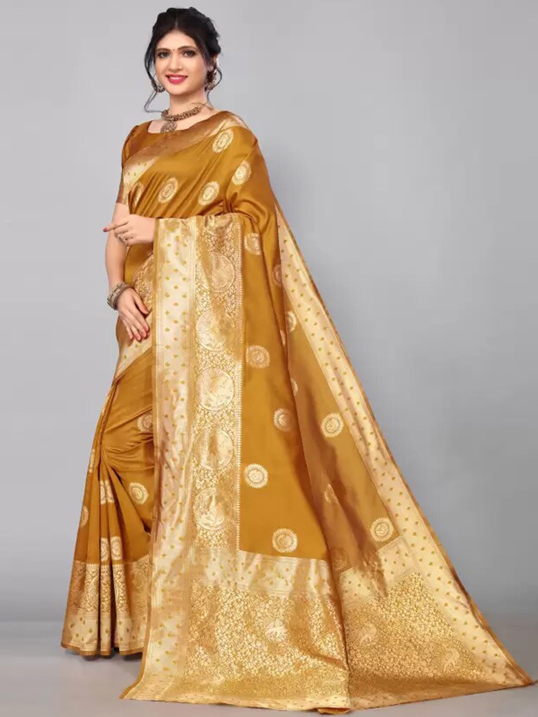 

MAGMINA Ethnic Motifs Woven Design Zari Kanjeevaram Saree, Mustard
