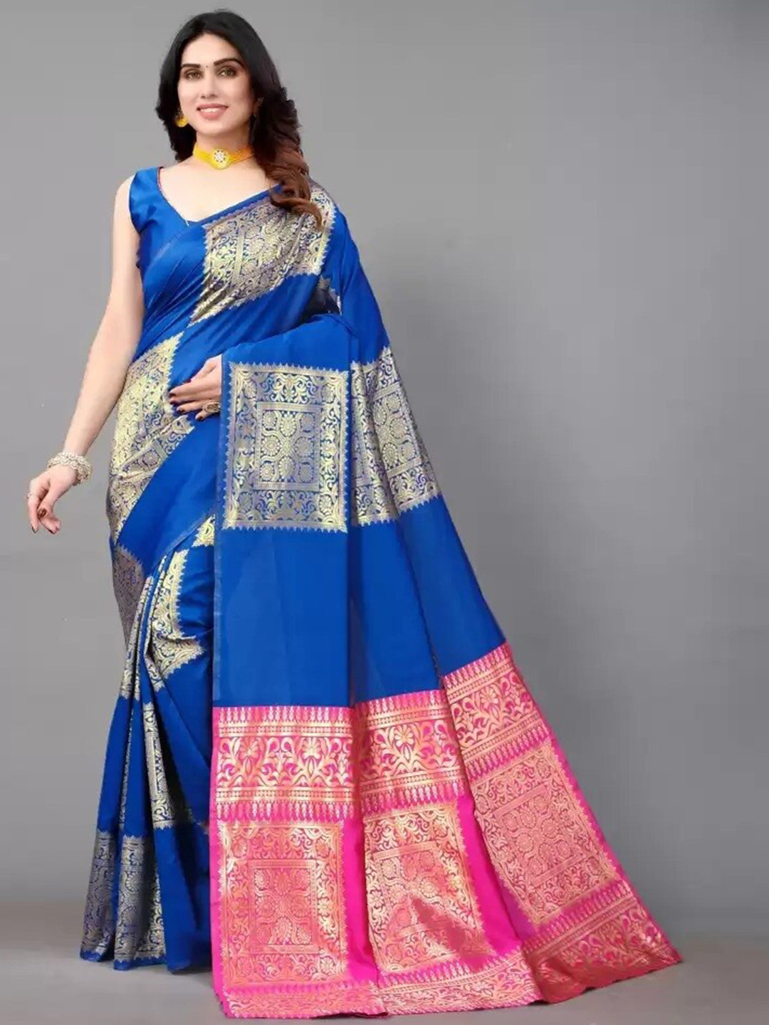 

MAGMINA Ethnic Motifs Woven Design Zari Kanjeevaram Saree, Blue