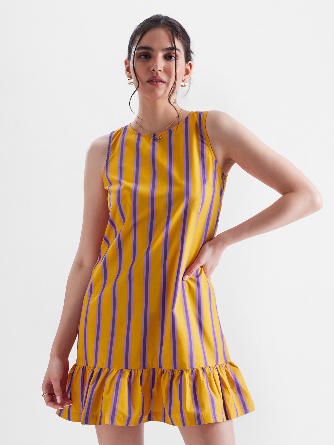 

The Souled Store Striped Cotton Fit & Flare Dress, Mustard