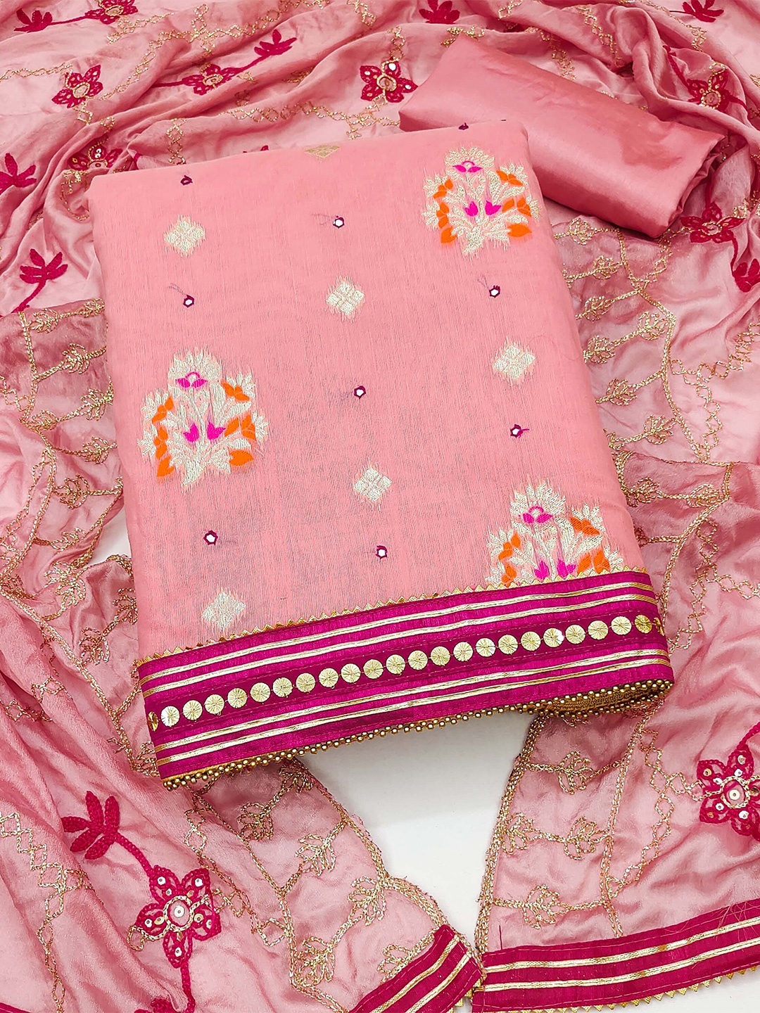 

KALINI Floral Woven Design Unstitched Dress Material, Pink