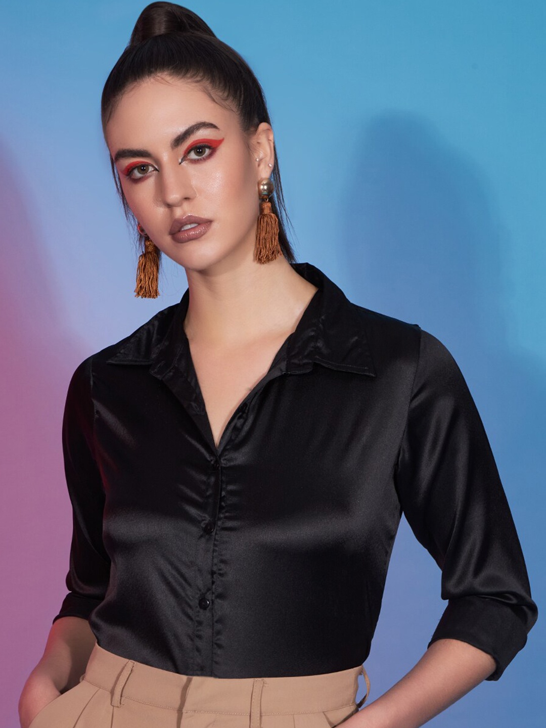 

Funday Fashion Spread Collar Satin Casual Shirt, Black