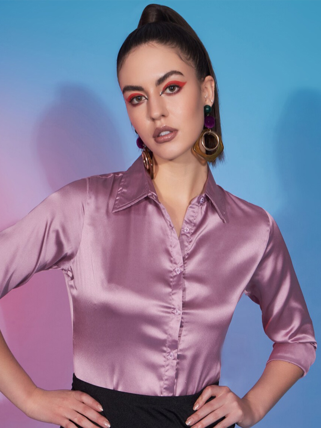 

Funday Fashion Spread Collar Satin Casual Shirt, Pink