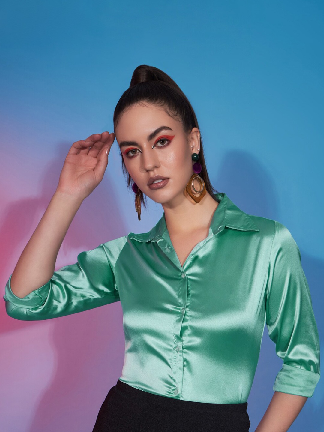

Funday Fashion Spread Collar Satin Casual Shirt, Sea green