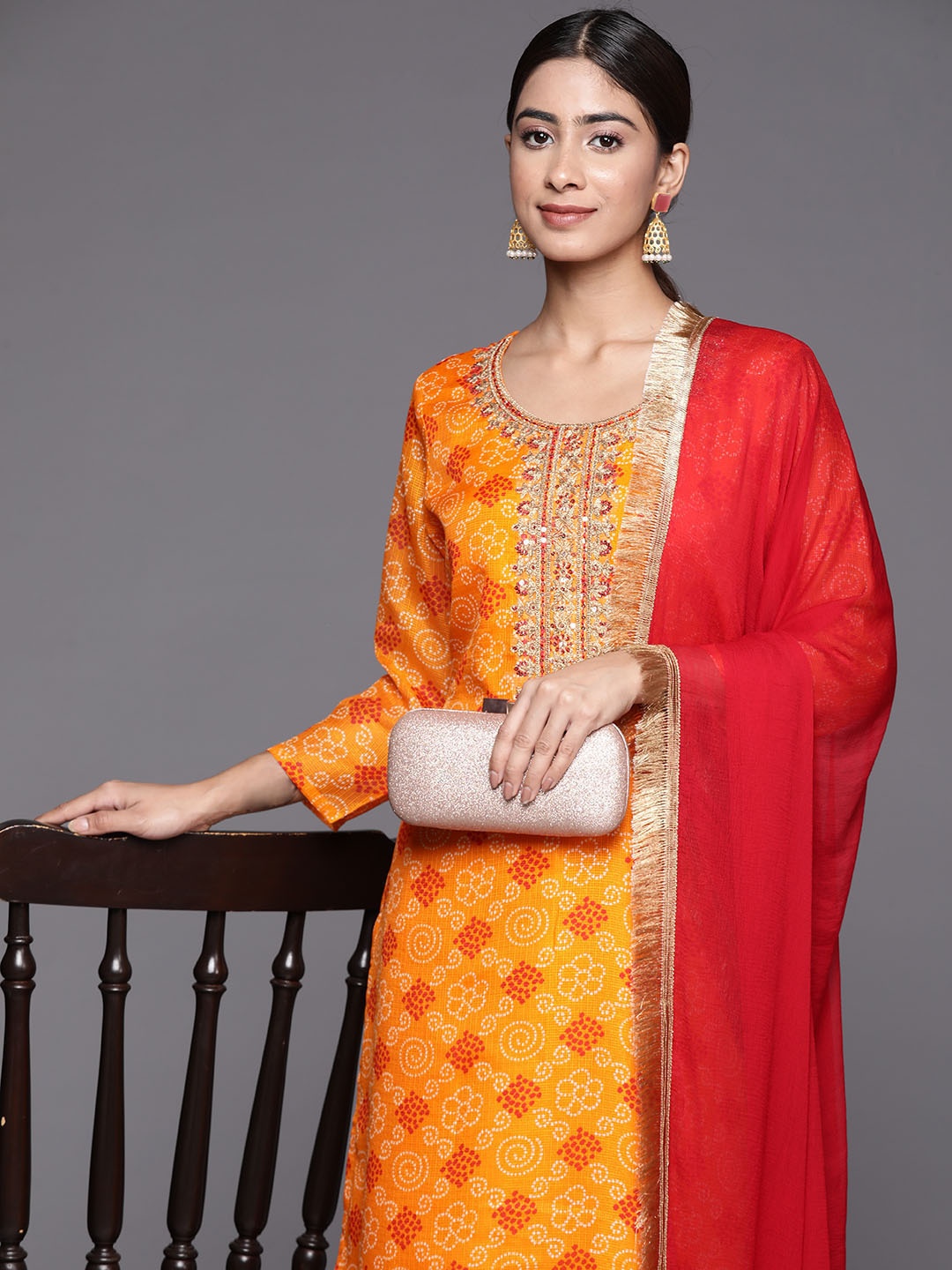 

Varanga Bandhani Printed Zari Kurta with Trousers & Dupatta, Orange