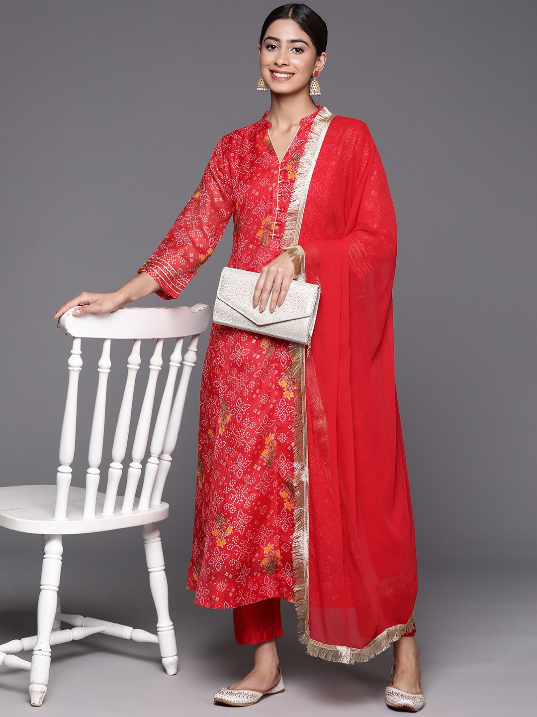 Varanga Red Bandhani printed A line Kurta with Trouser and Dupatta