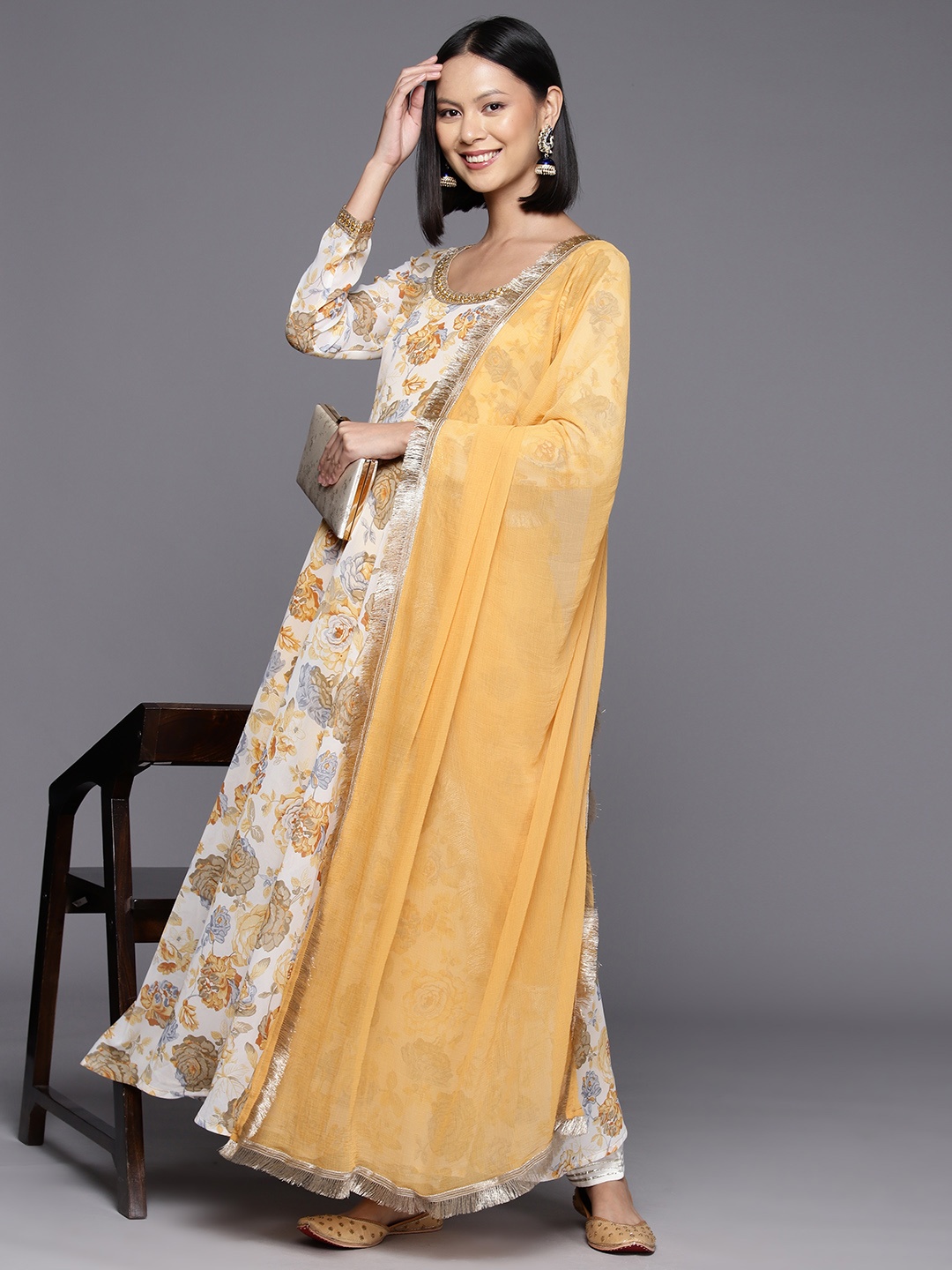 Varanga Floral Printed Zari Georgette Anarkali Kurta with Dupatta, Yellow