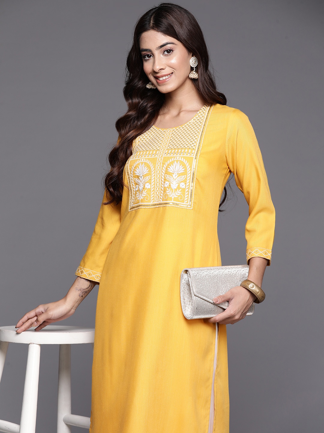 

Varanga Women Ethnic Motifs Yoke Design Sequinned Kurta, Mustard
