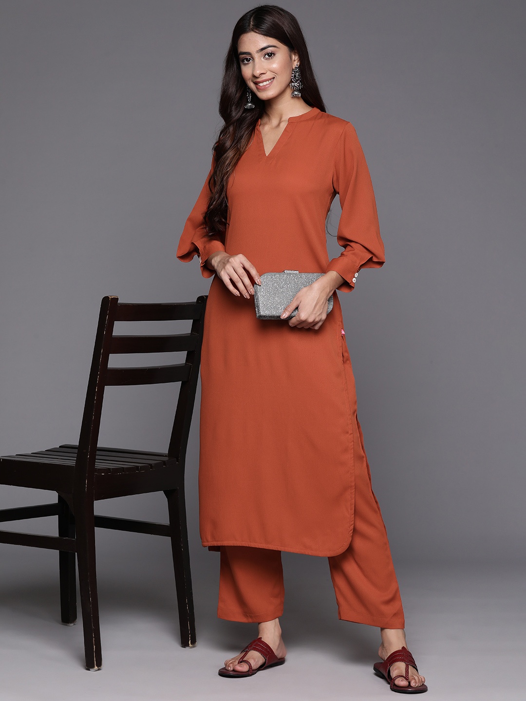 

Varanga Women Regular Silk Crepe Kurta with Trousers, Rust