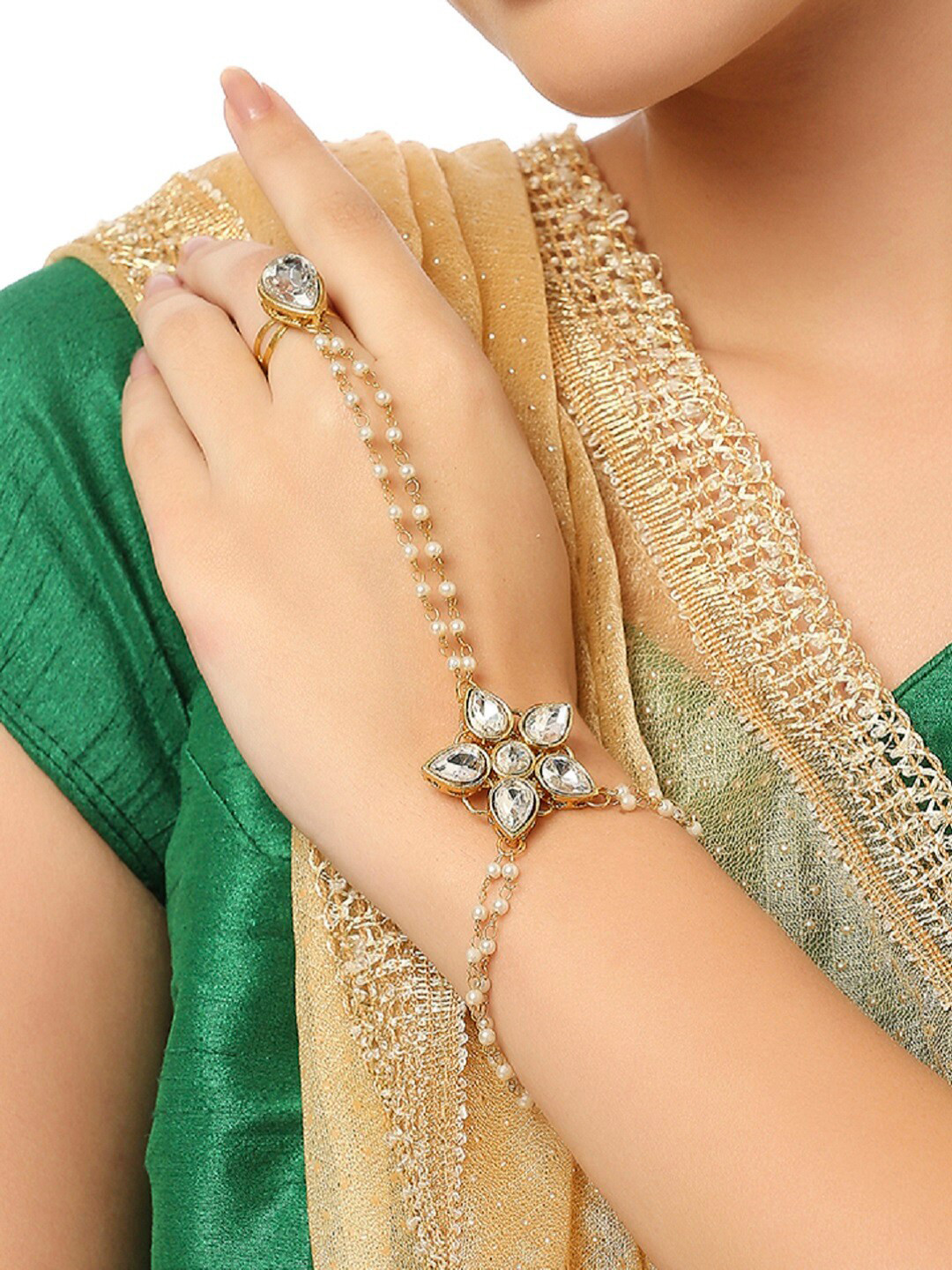 

OOMPH Kundan-Studded Ring Bracelet, Gold