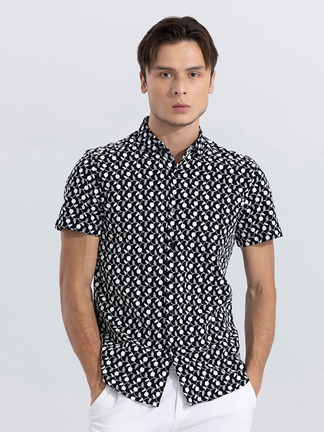

Snitch Floral Embroidered Classic Pure Cotton Casual Shirt, Black