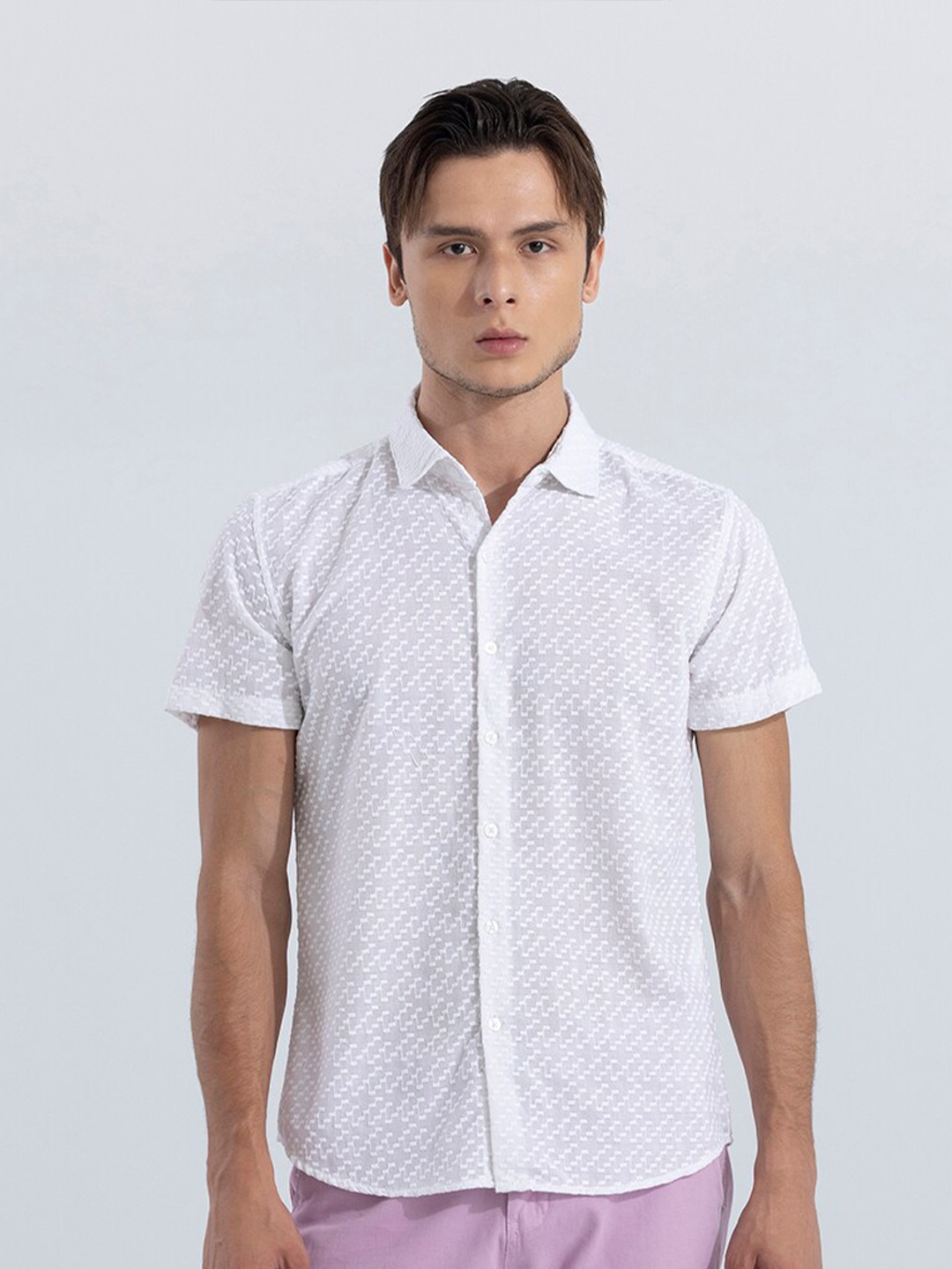 

Snitch White Classic Geometric Embroidered Pure Cotton Casual Shirt