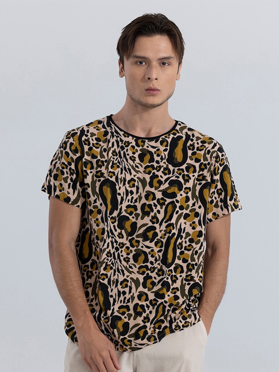 

Snitch Animal Printed Round Neck Slim Fit T-shirt, Beige