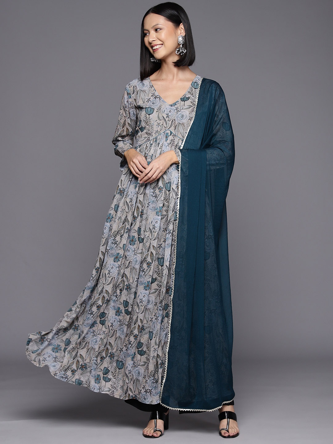 

Varanga Floral Printed Georgette Anarkali Kurta with Dupatta, Grey