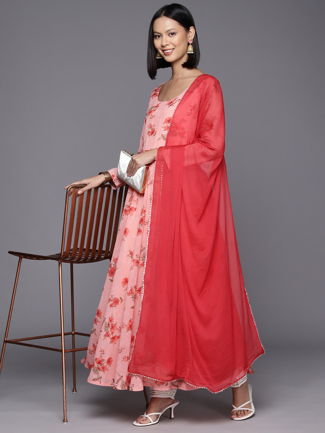 

Varanga Floral Printed Georgette Anarkali Kurta with Dupatta, Pink