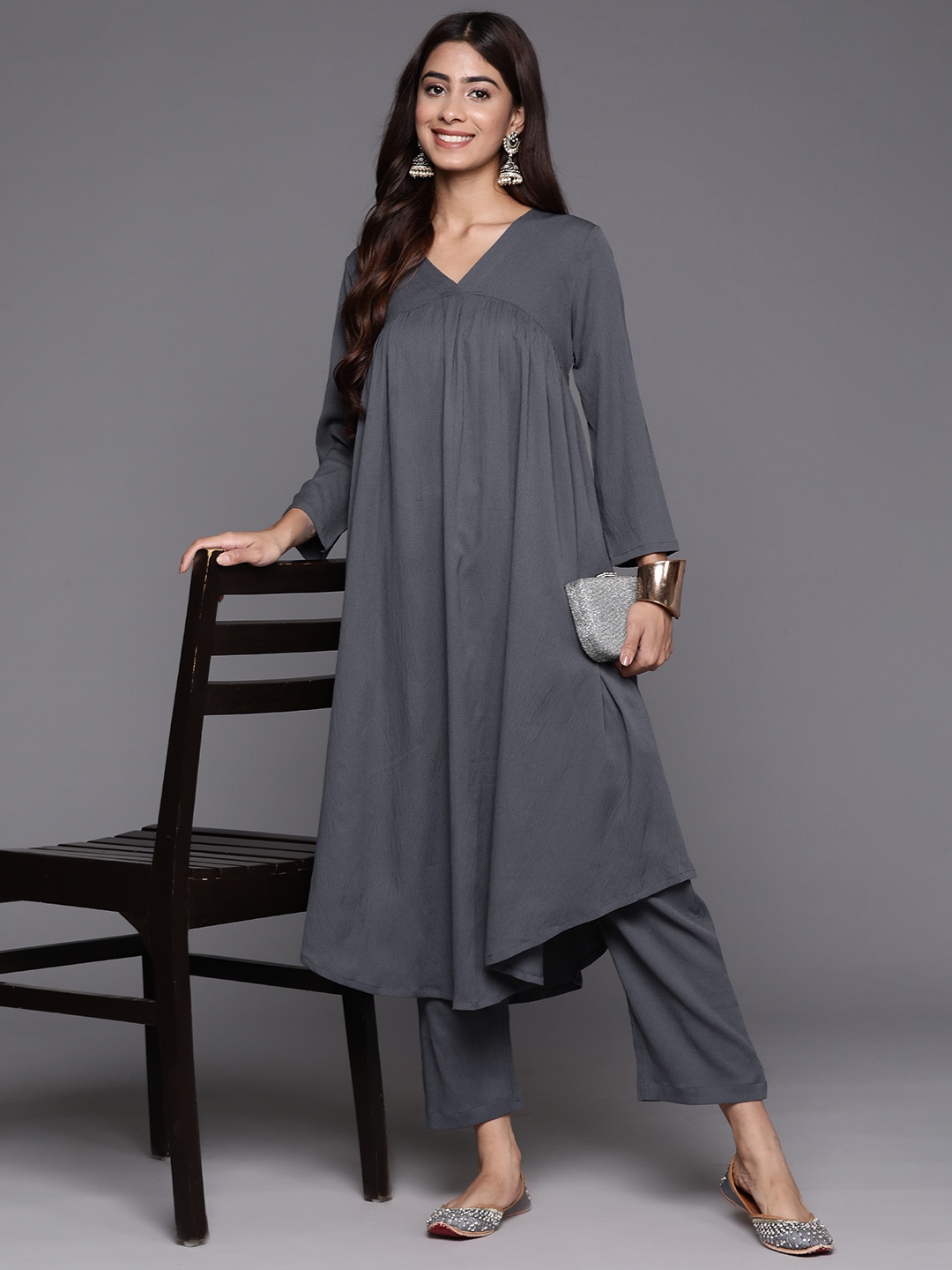 

Varanga Empire Silk Crepe Kurta with Trousers, Grey