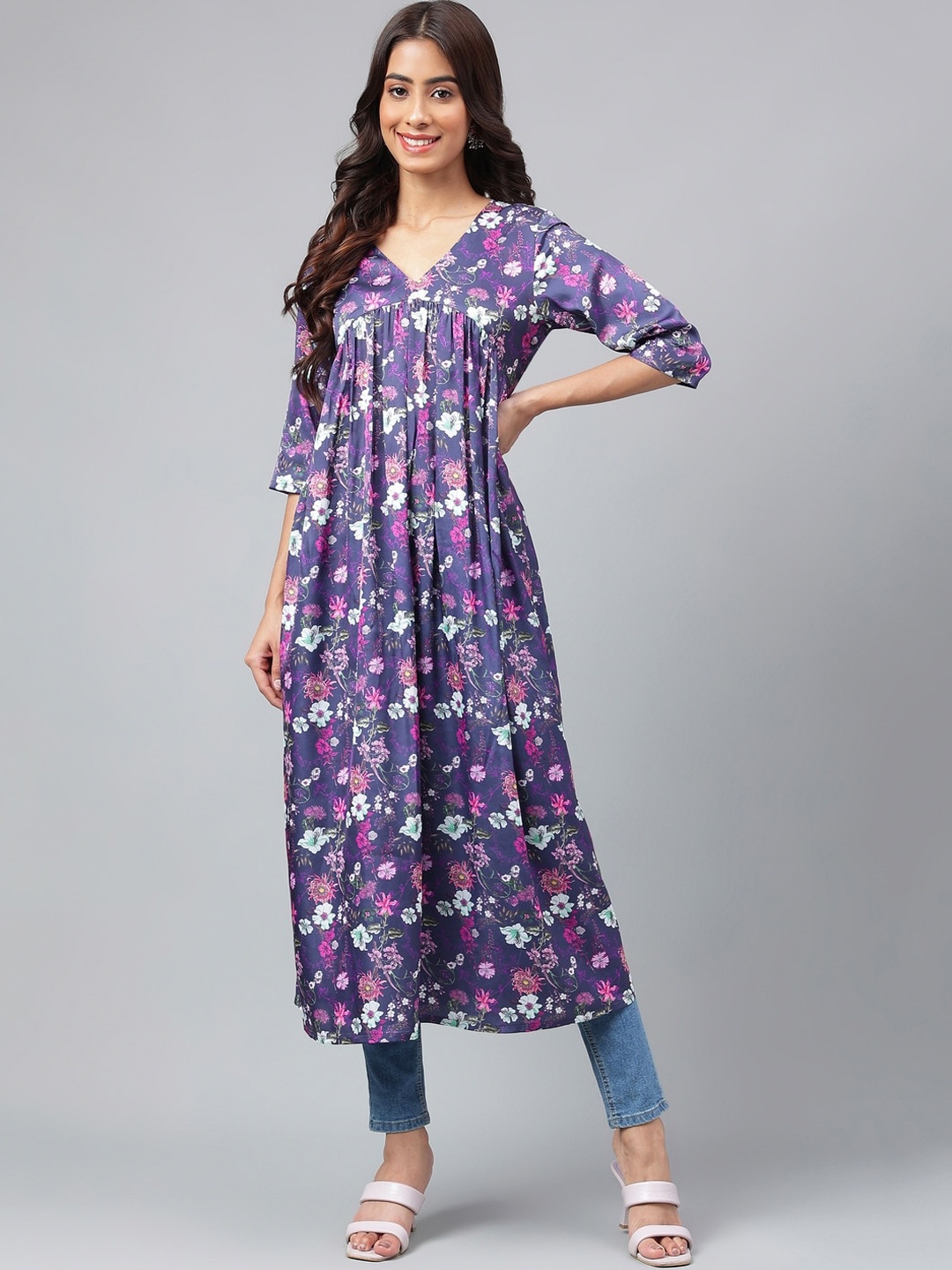 

Janasya Navy Blue Floral Printed Empire Satin A-Line Kurta