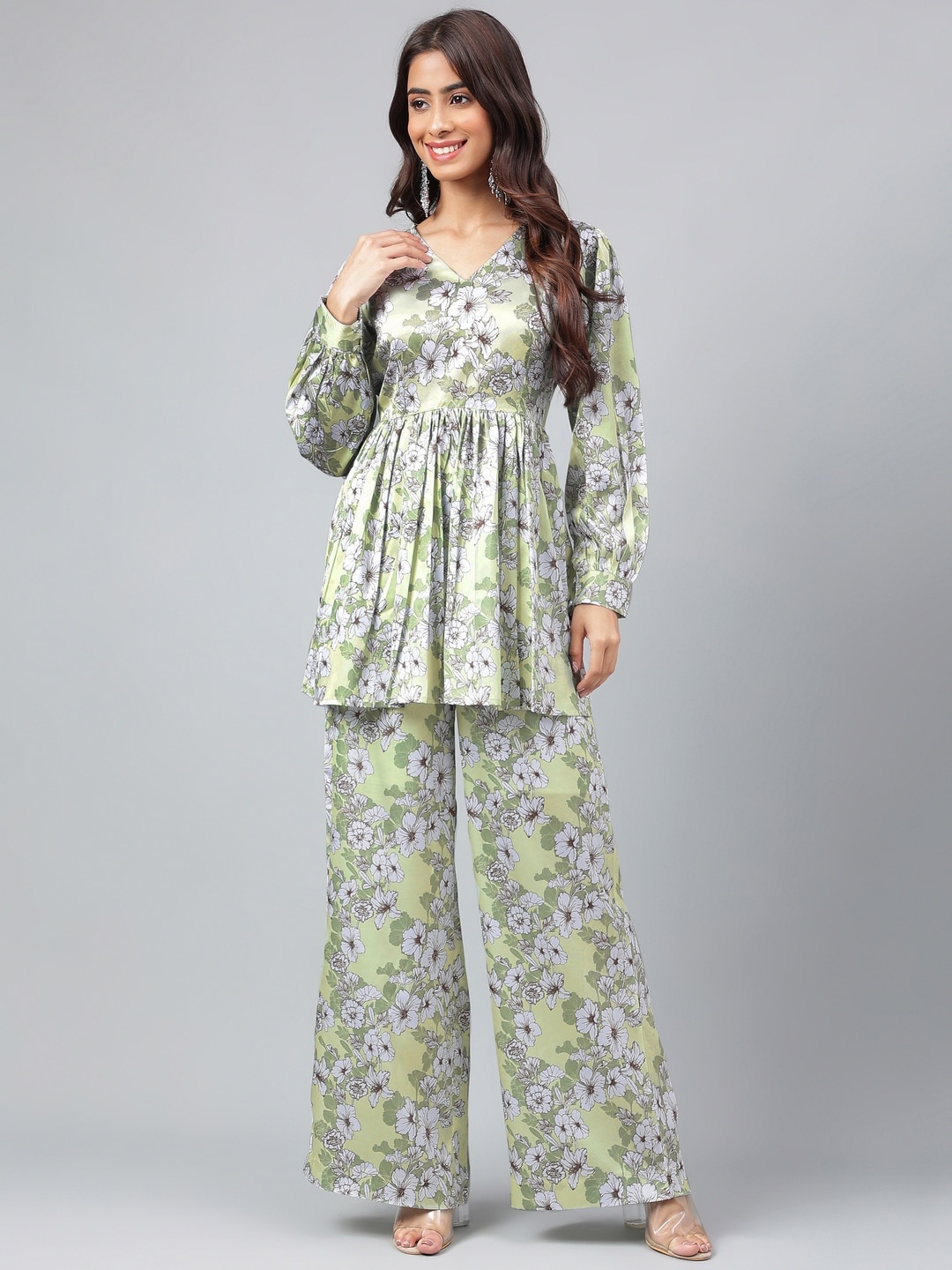 

Janasya Women Digital Floral Printed Satin Top with Palazzos, Green