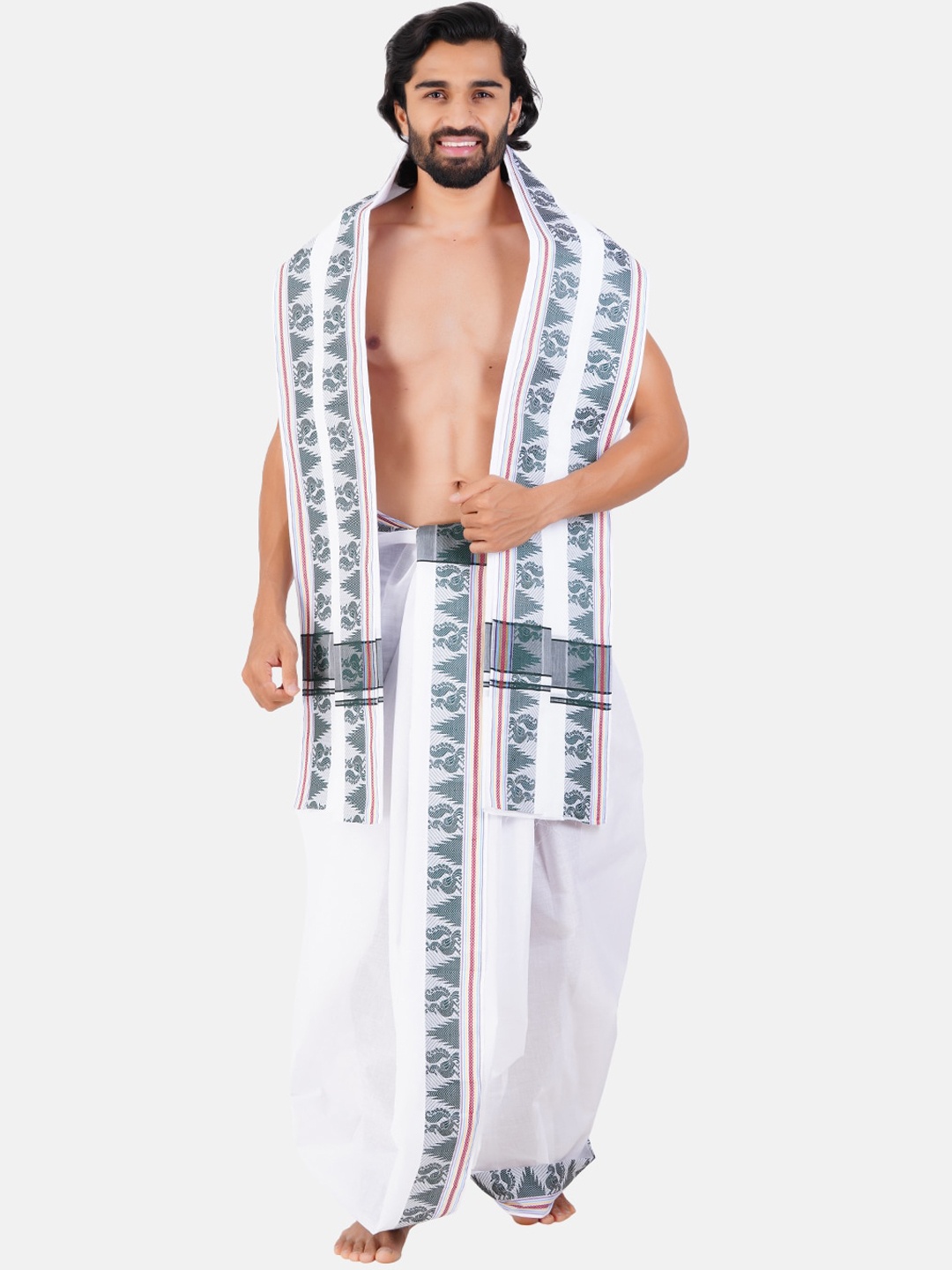 

Ramraj Ethnic Motifs Woven Design Cotton Panchakacham Dhoti With Angavasthran, Green