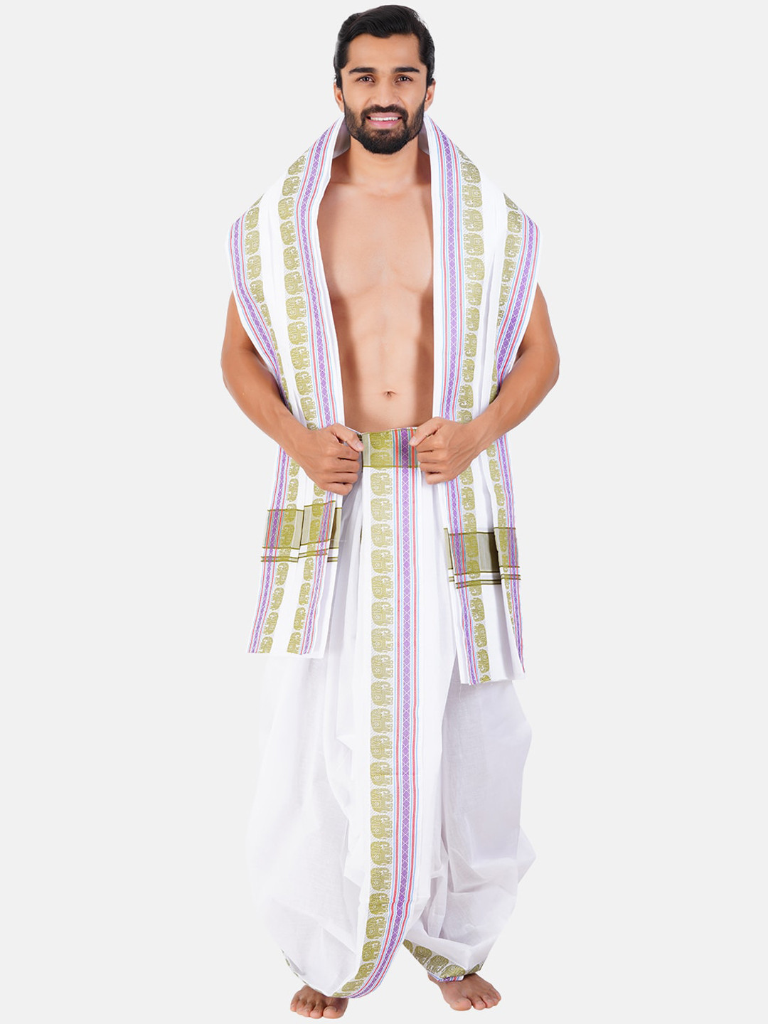 

Ramraj Printed Panchakacham Dhoti With Angavasthran, Green