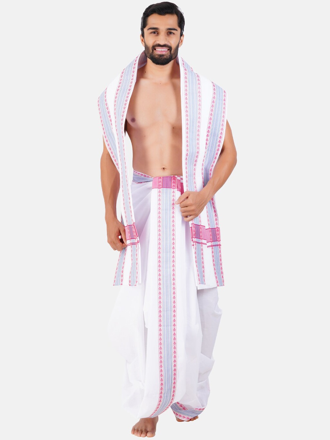 

Ramraj Printed Panchakacham Cotton Dhoti With Angavasthran, Pink