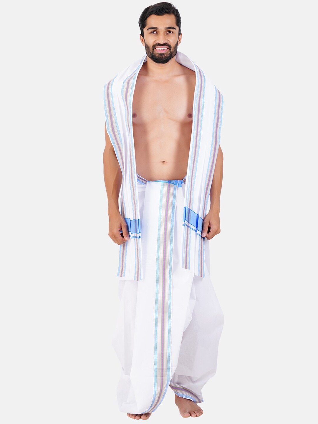 

Ramraj Printed Panchakacham Dhoti With Angavasthran, Blue