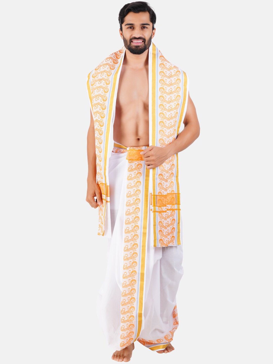 

Ramraj Printed Panchakacham Dhoti With Angavasthran, Orange