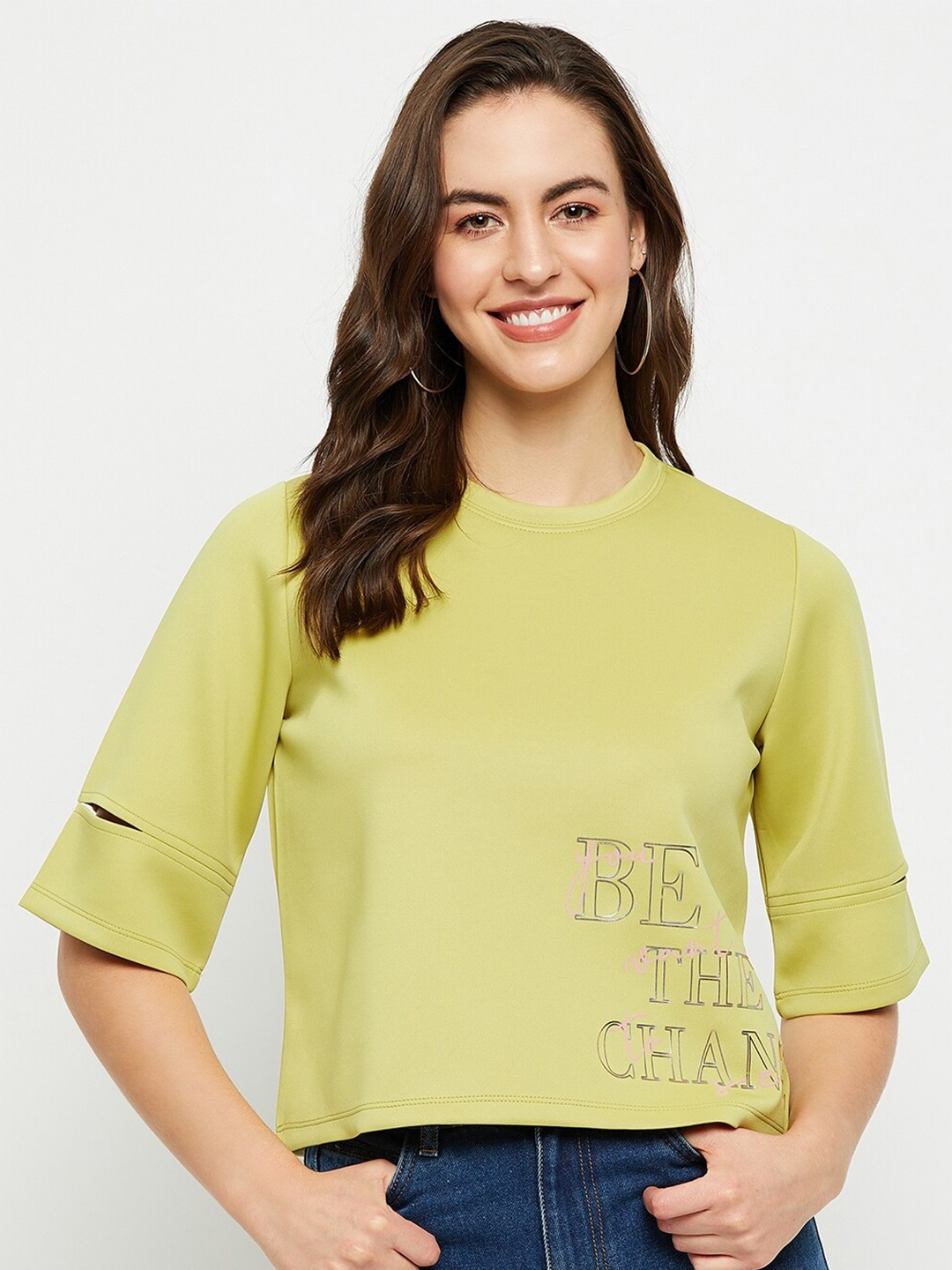 

Madame Typography Printed Crop Top, Lime green