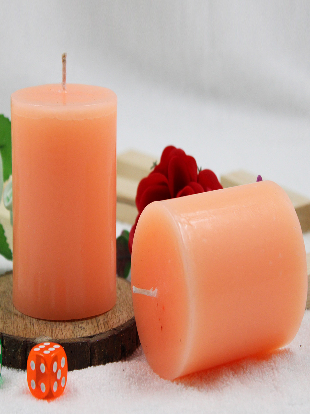 

atorakushon Peach-Colored 2 Pieces Single Wick Orange Scented Paraffin Wax Pillar Candles