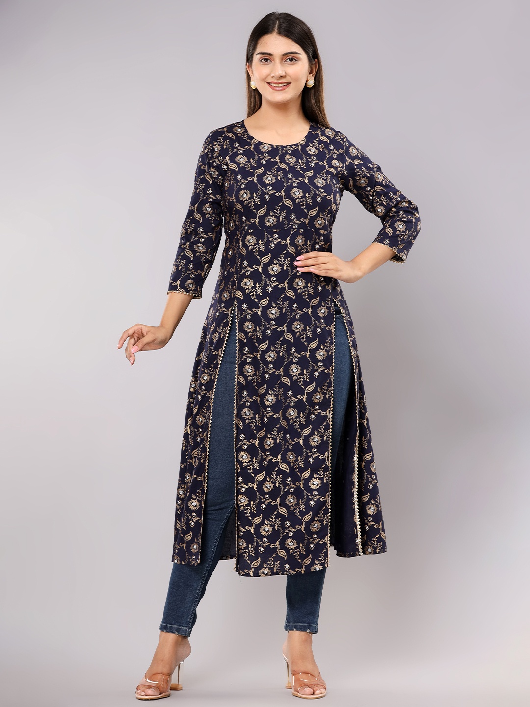 

Shedika Floral Printed Gotta Patti A-Line Kurta, Navy blue