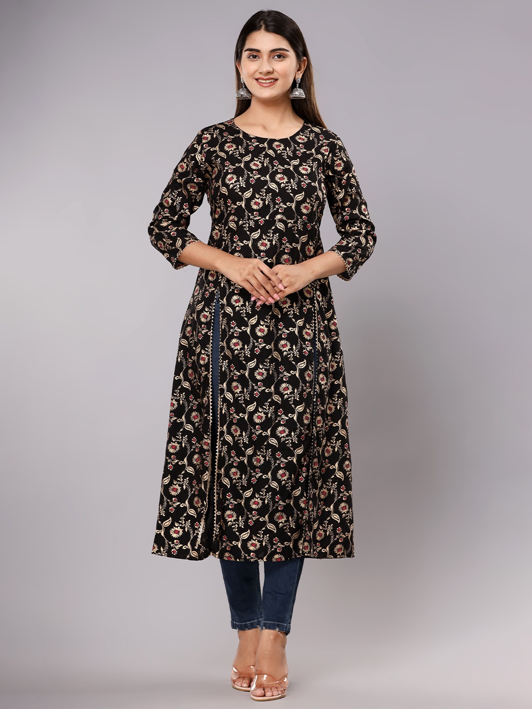 

Shedika Floral Printed Gotta Patti A-Line Kurta, Black