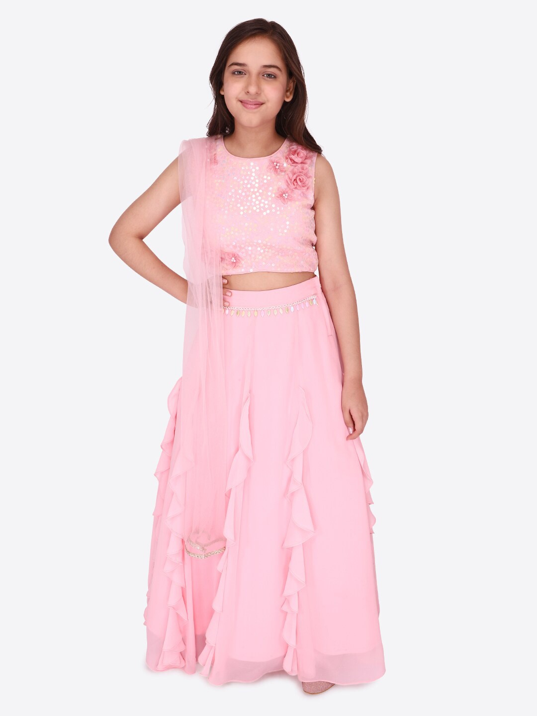 

CUTECUMBER Girls Embellished Sequinned Ready to Wear Lehenga Choli, Pink