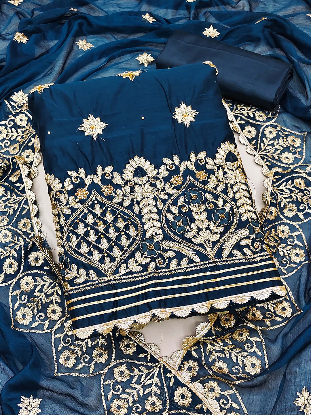 

KALINI Embroidered Unstitched Dress Material, Blue