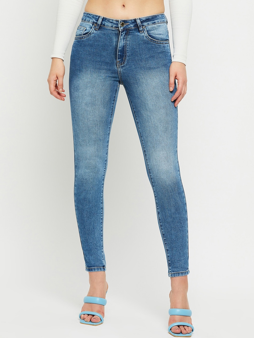 

Madame Women Mid-Rise Clean Look Light Fade Cotton Jeans, Blue