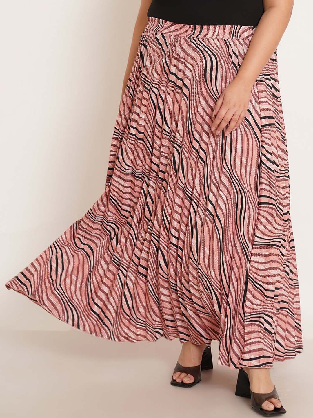 

U&F Beyond Abstract Printed Accordion Pleats Flared Maxi Skirt, Pink