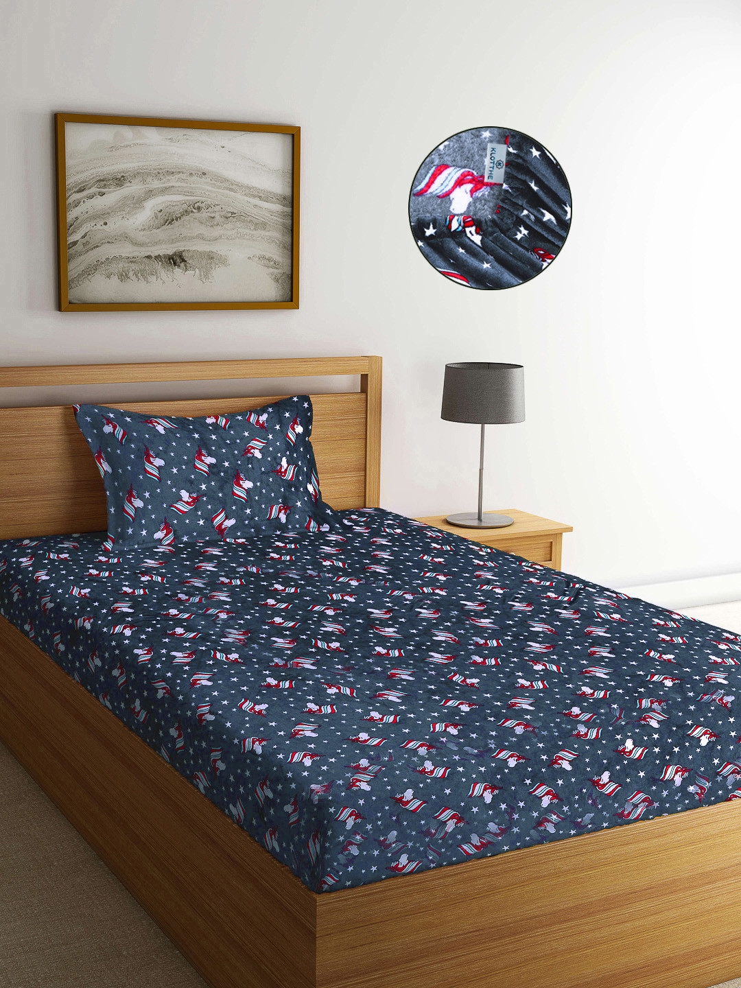 

KLOTTHE Grey & White Unicorn Printed Woolen 300 TC Single Bedsheet & 1 Pillow Cover