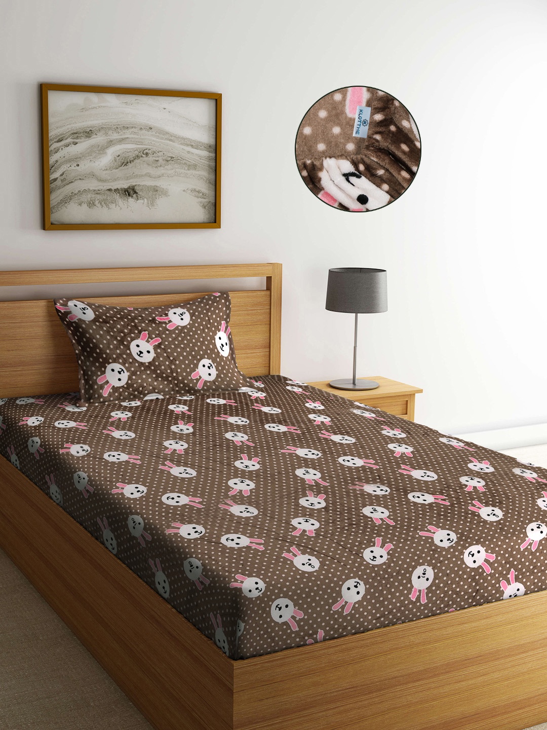

KLOTTHE Brown Chartoon Printed 300 TC Woolen Single Bedsheet With 1 Pillow Cover