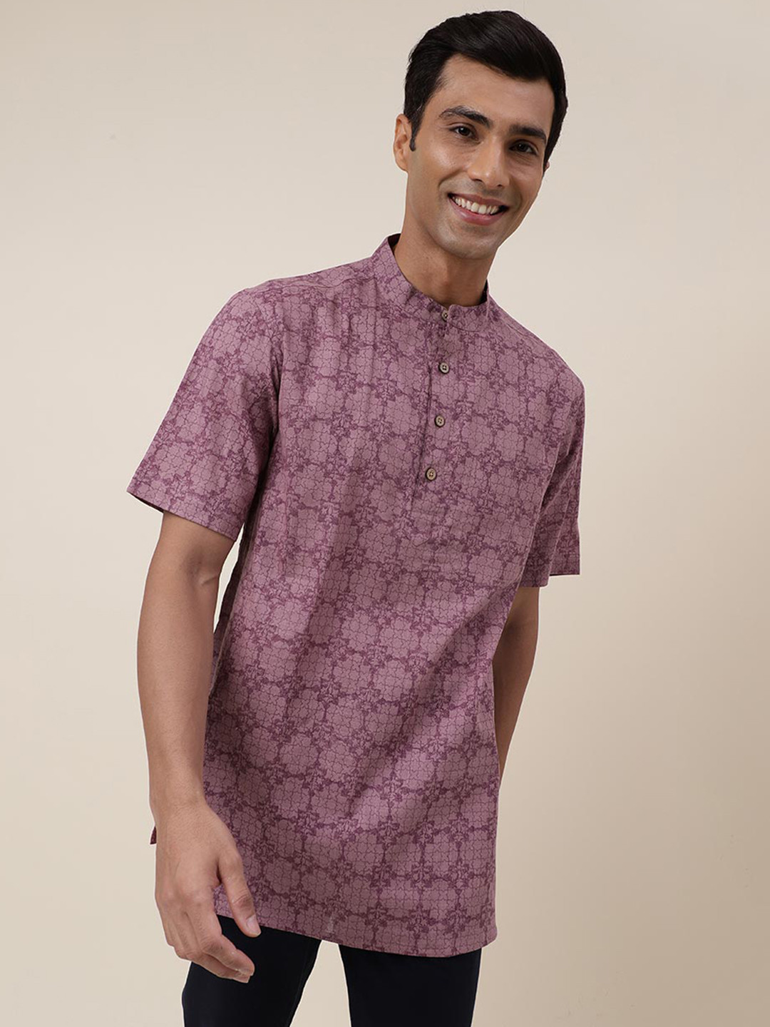 

Fabindia Ethnic Motifs Printed Band Collar Pure Cotton Straight Kurta, Purple