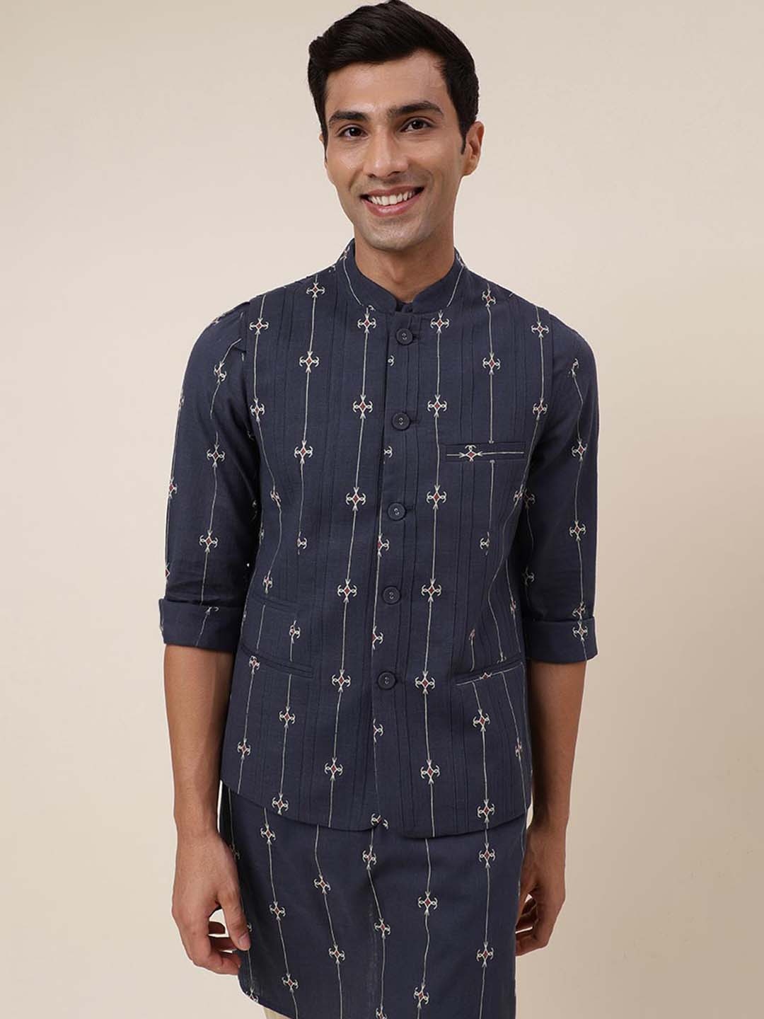 

Fabindia FabBasic Printed Pure Cotton Nehru Jacket, Blue
