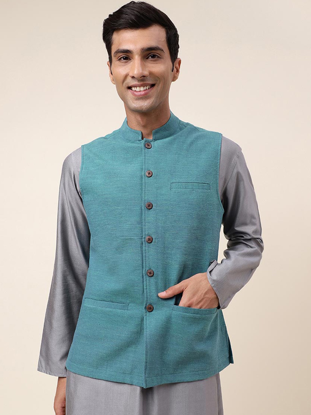 

Fabindia Mandarin Collar Pure Cotton Nehru Jacket, Blue